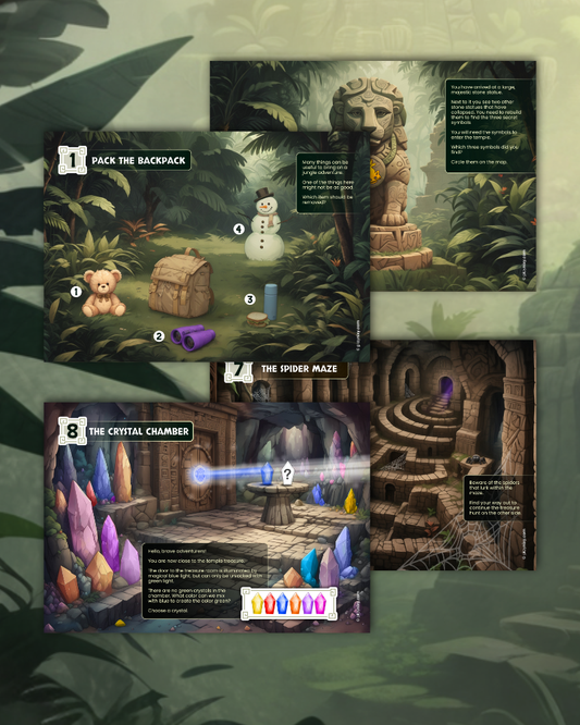 Game cards with illustrations of a teddy bear, backpack, and snowman on one card, and a spider maze and crystal chamber on another, against a jungle-themed background.