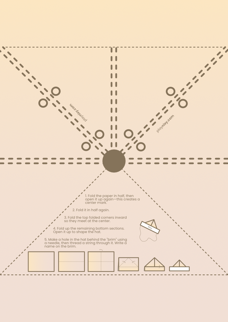 Instructions for folding a safari hat with illustrations on a beige background