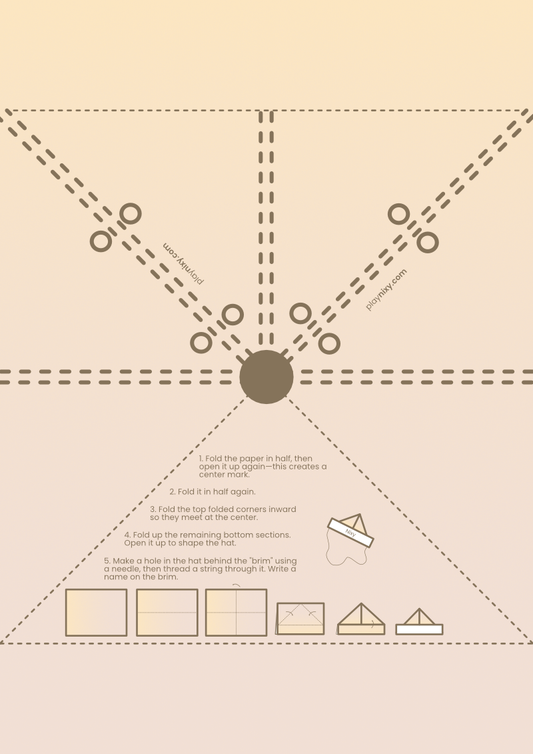 Instructions for folding a safari hat with illustrations on a beige background