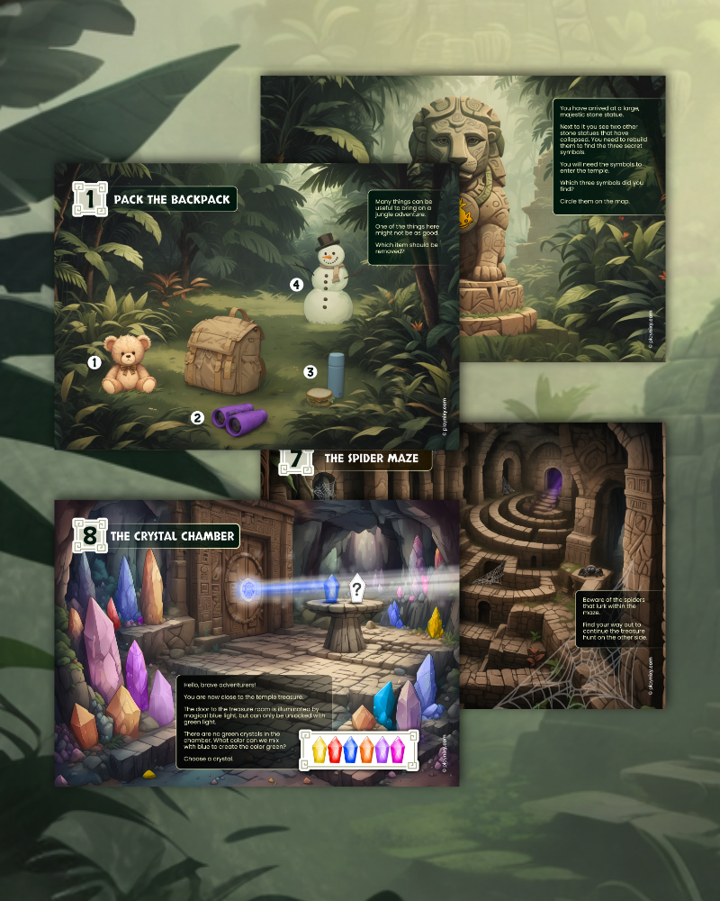 Game cards with illustrations of a teddy bear, backpack, and snowman on one card, and a spider maze and crystal chamber on another, against a jungle-themed background.