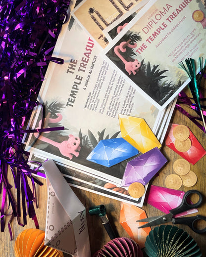 Children's adventure game titled 'The Temple Treasure' with colorful gemstone illustrations on a wooden surface.