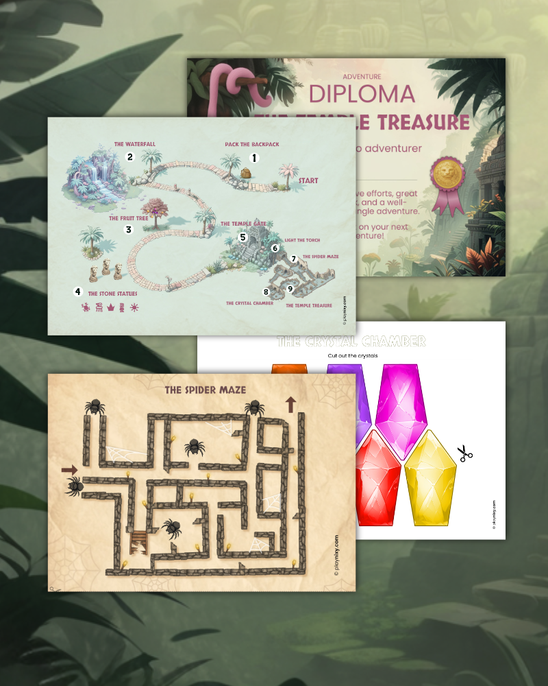 Game materials including a map, a spider maze, and a diploma on a green leafy background.
