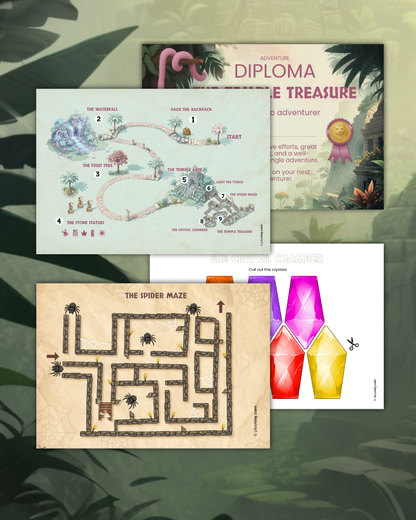 Game materials including a map, a spider maze, and a diploma on a green leafy background.