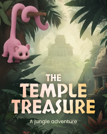 Cover of 'The Temple Treasure' with a pink creature and jungle temple